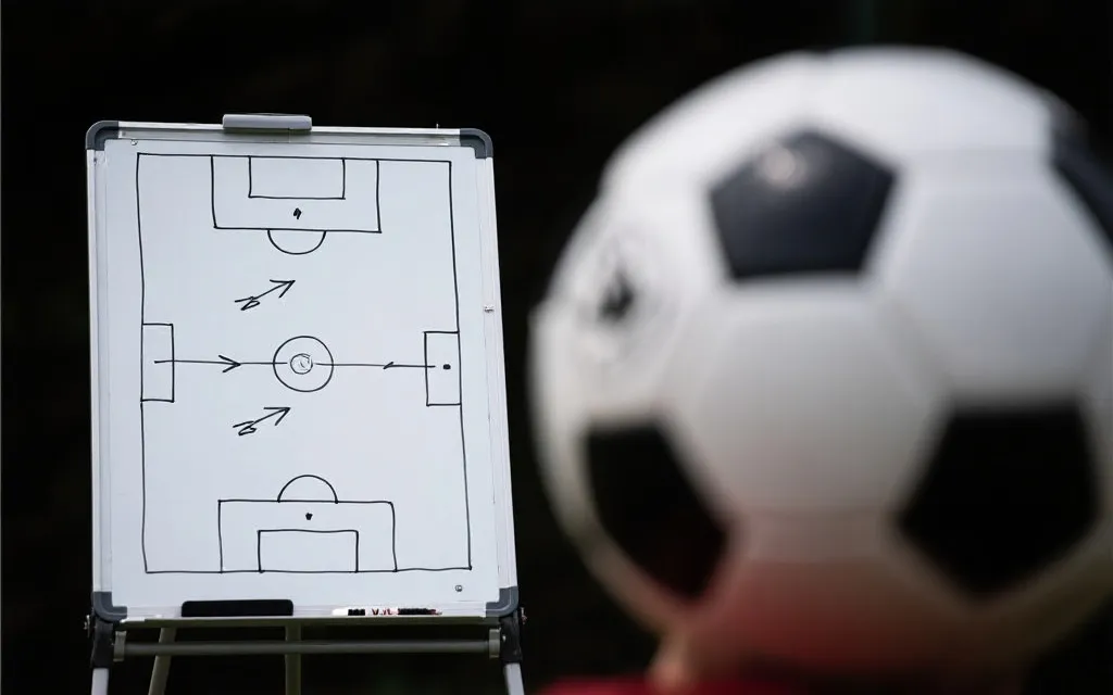 战术板与足球并置，教练手写阵型与箭头，紧张备战氛围